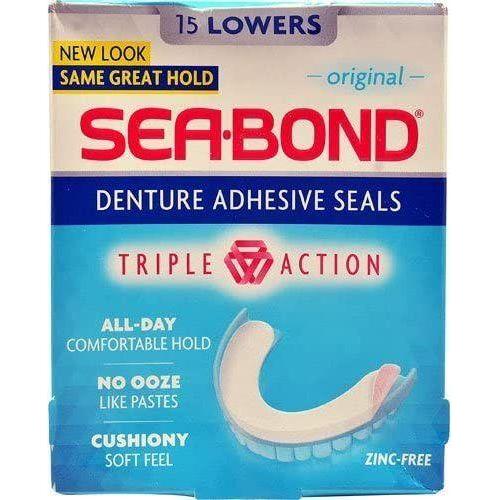 Sea-Bond Triple Action Lower Denture Adhesive Seals from Pasteur Pharmacy, 15-count pack for secure denture fit and comfort.