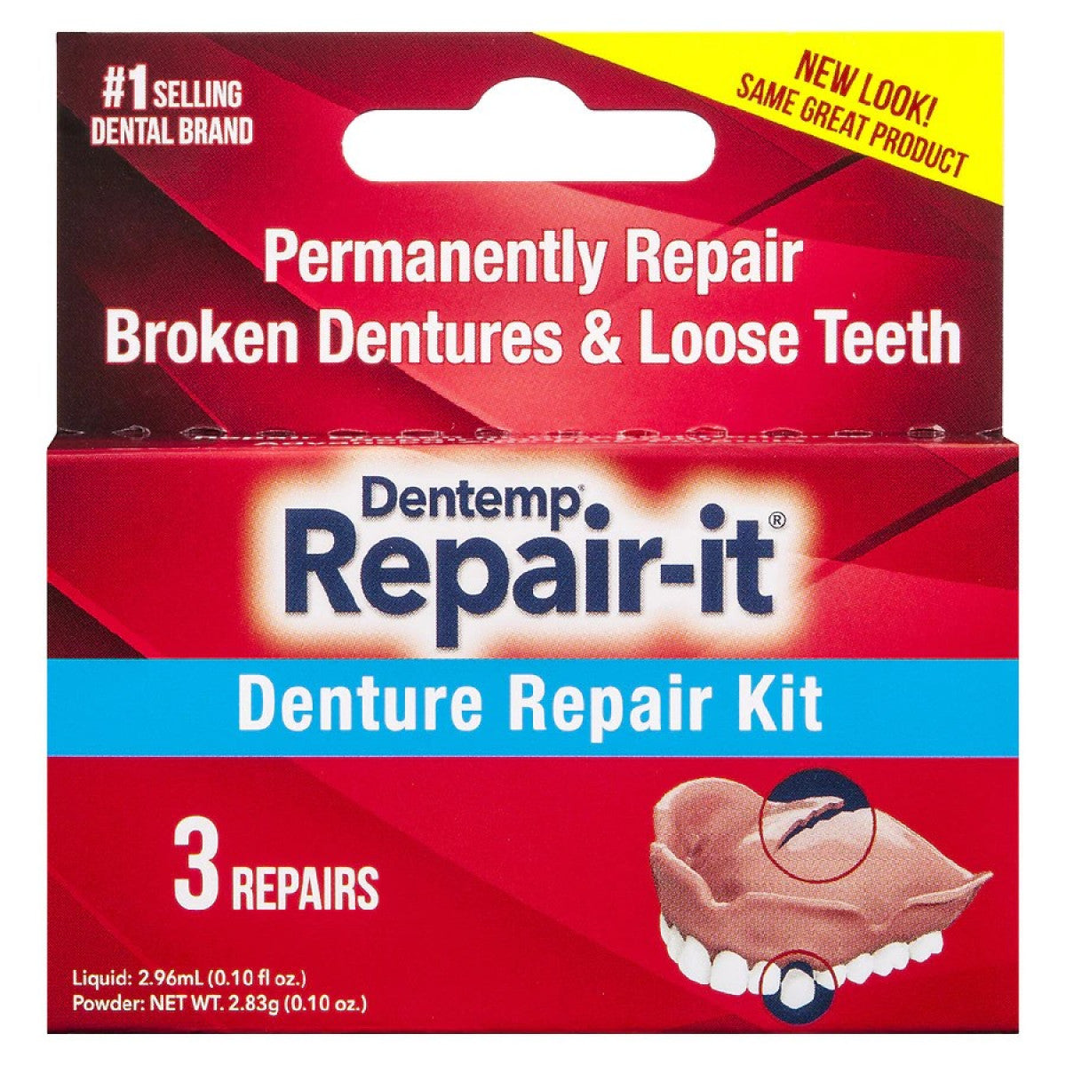 Dentemp Repair-It Advanced Formula Denture Repair Kit with repair adhesive and tools for quick denture fixes.