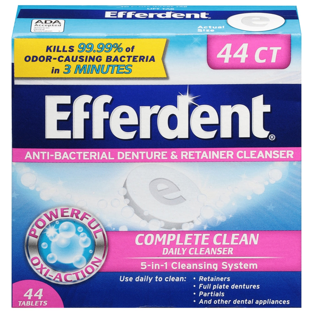 Efferdent Retainer and Denture Cleaner Tablets by Pasteur Pharmacy, complete denture cleaning solution with tablets in the image.