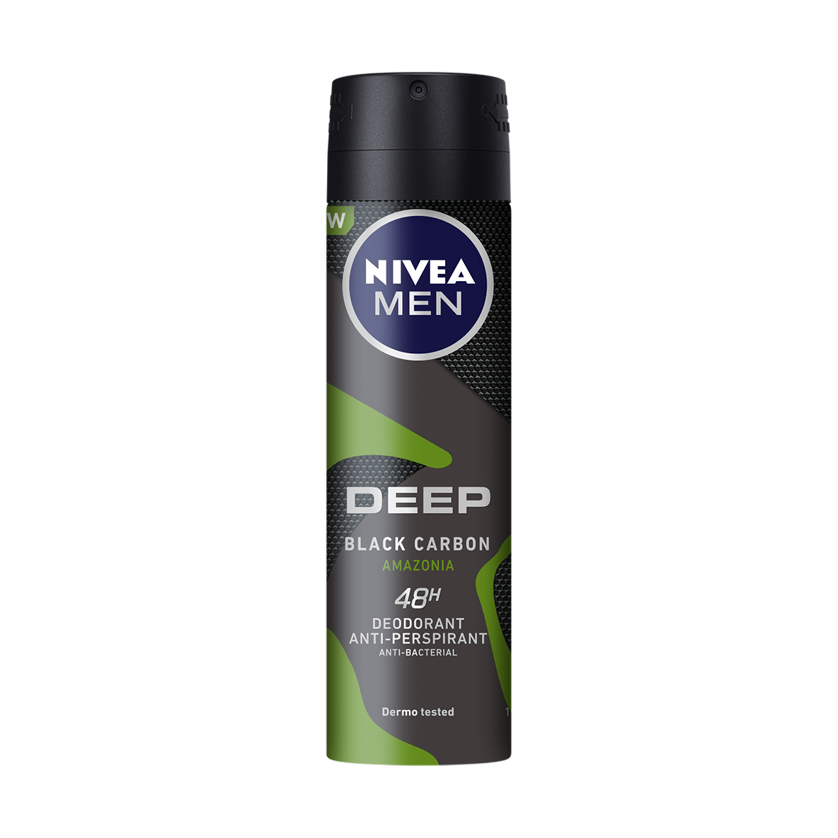 Nivea Men Deep Black Carbon Amazonia Deo Spray in 150ml spray bottle, featuring a sleek black design and aerosol nozzle.