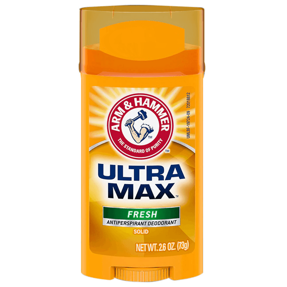 Arm & Hammer UltraMax antiperspirant deodorant stick with fresh scent, 2.6 oz, in a white plastic container