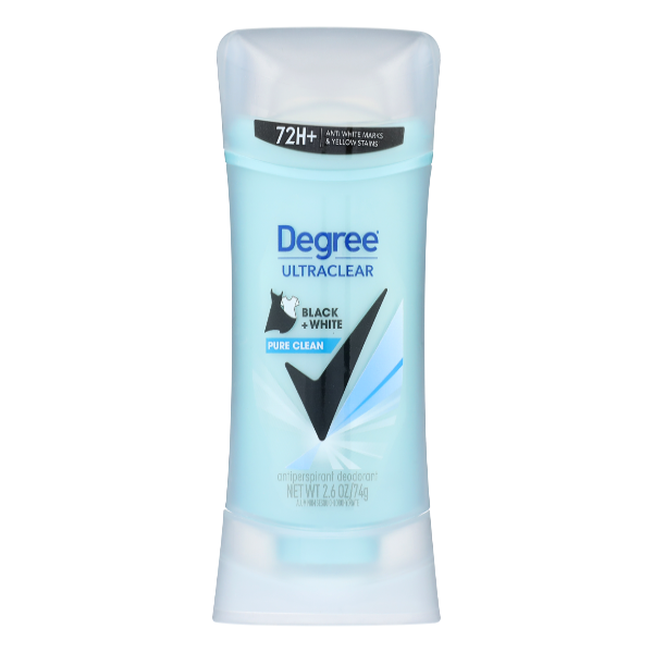 Degree Antiperspirant Deodorant in Pure Clean scent, black and white packaging, 2.6 oz, from Pasteur Pharmacy.