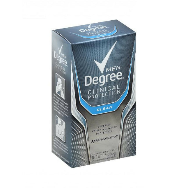 Degree Men Clinical Protection Antiperspirant deodorant stick in Clean scent, 1.7 oz, with white packaging and blue accents.