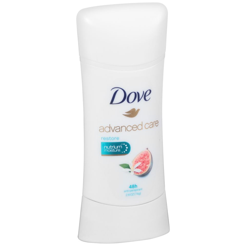 Dove Advanced Care Antiperspirant Deodorant Stick Restore, 2.6 oz, in a white stick container with blue accents.