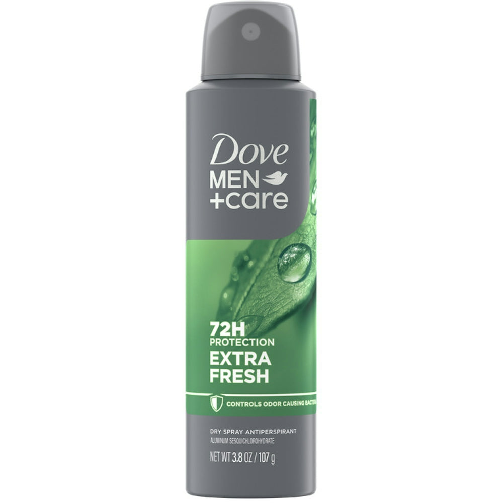 Dove Men+Care Antiperspirant Dry Spray for Men Extra Fresh in a 3.8 oz bottle, featuring a sleek design and brand label.