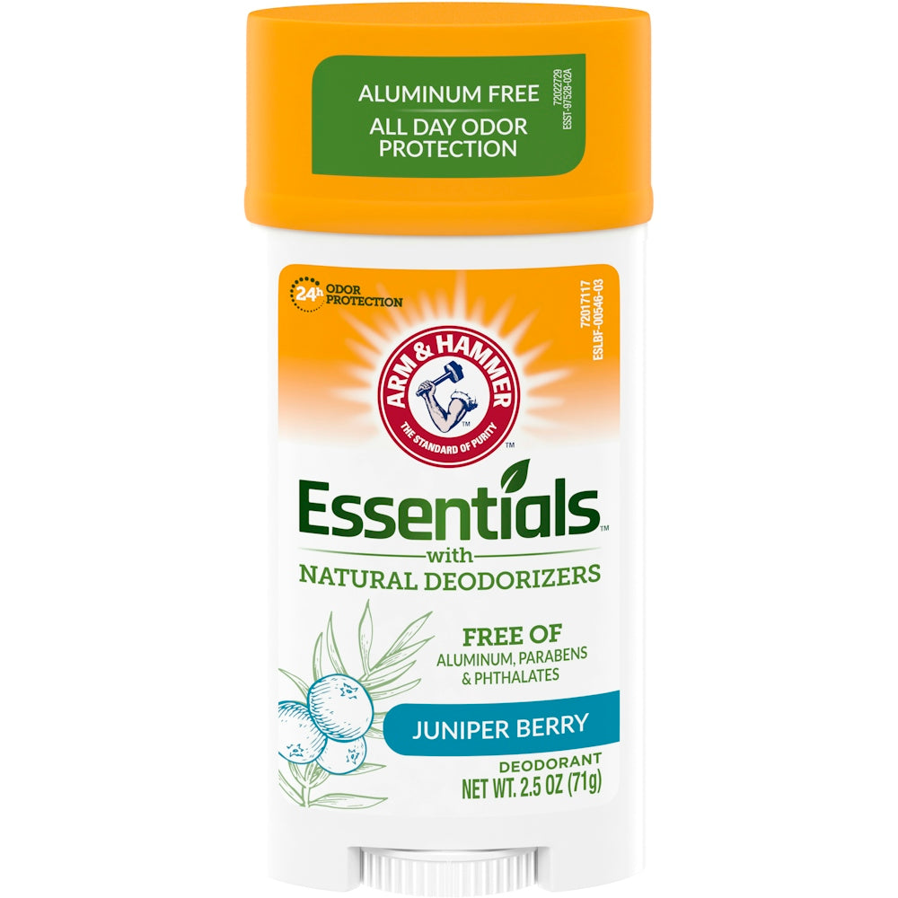 Arm & Hammer Essentials Natural Deodorant in Clean Juniper Berry scent, 2.5 oz, featuring a sleek stick design.
