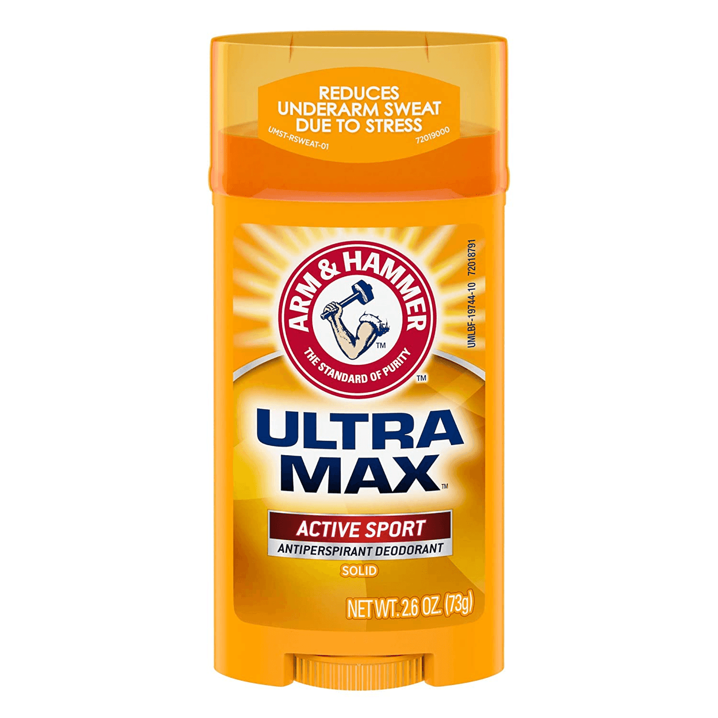 Arm & Hammer Ultra Max Deodorant Active Sport solid stick, 2.6oz, providing long-lasting freshness and odor protection.