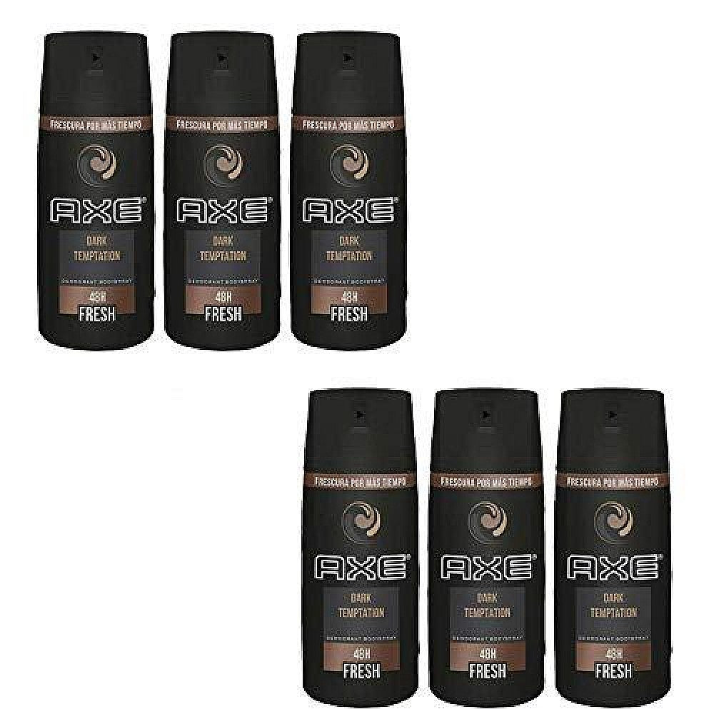 Axe Dark Temptation body spray deodorant for men in a 4 oz spray can, featuring dark chocolate and sensual fragrance.