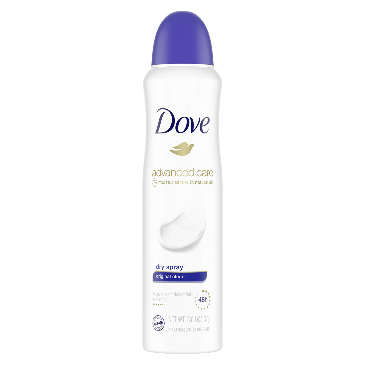 Dove Advanced Care Dry Spray Original Clean antiperspirant deodorant in 3.8 oz can, featuring a white and blue bottle with Dove branding.