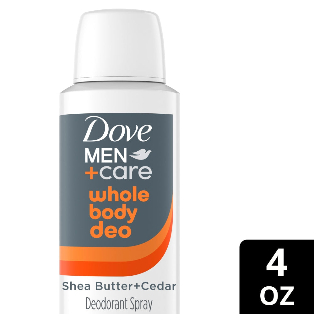 Dove Men+Care Aloe + Bamboo Whole Body Deodorant Spray in 4 oz bottle, natural scent, designed for men’s freshness and odor protection.