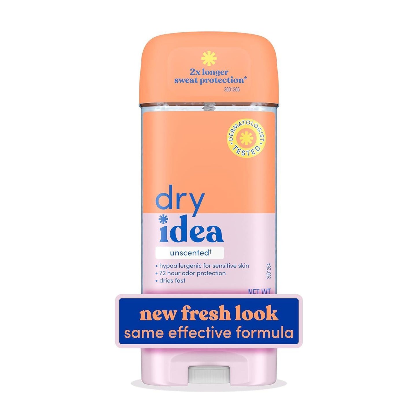 Dry Idea antiperspirant and deodorant clear gel in 3 oz unscented container, featuring a white tube with a blue cap.