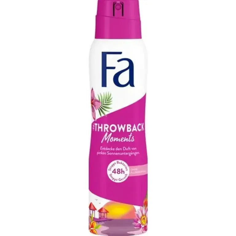Fa Throwback Moments 48h Deodorant in 150ml bottle, Pasteur Pharmacy brand, showcasing the deodorant product with packaging.