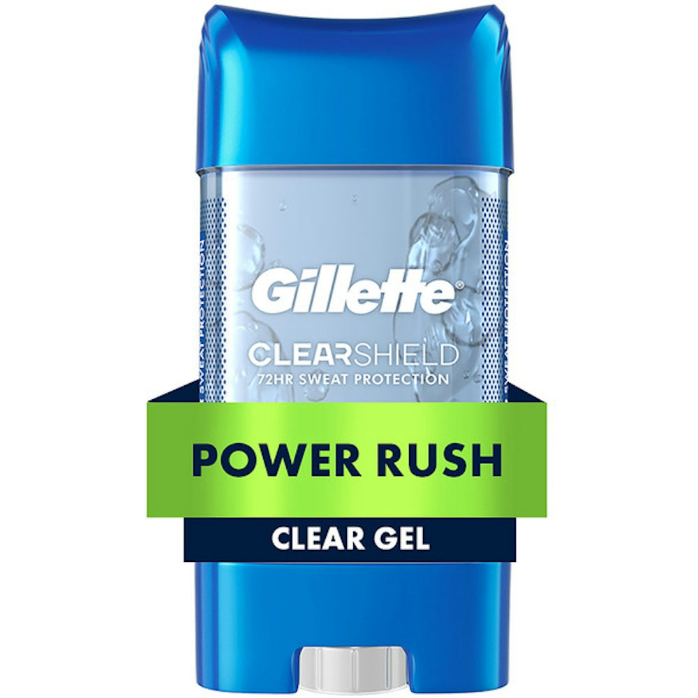 Gillette Power Rush Clear Gel Antiperspirant and Deodorant in 3.8oz container, designed for effective odor and sweat protection