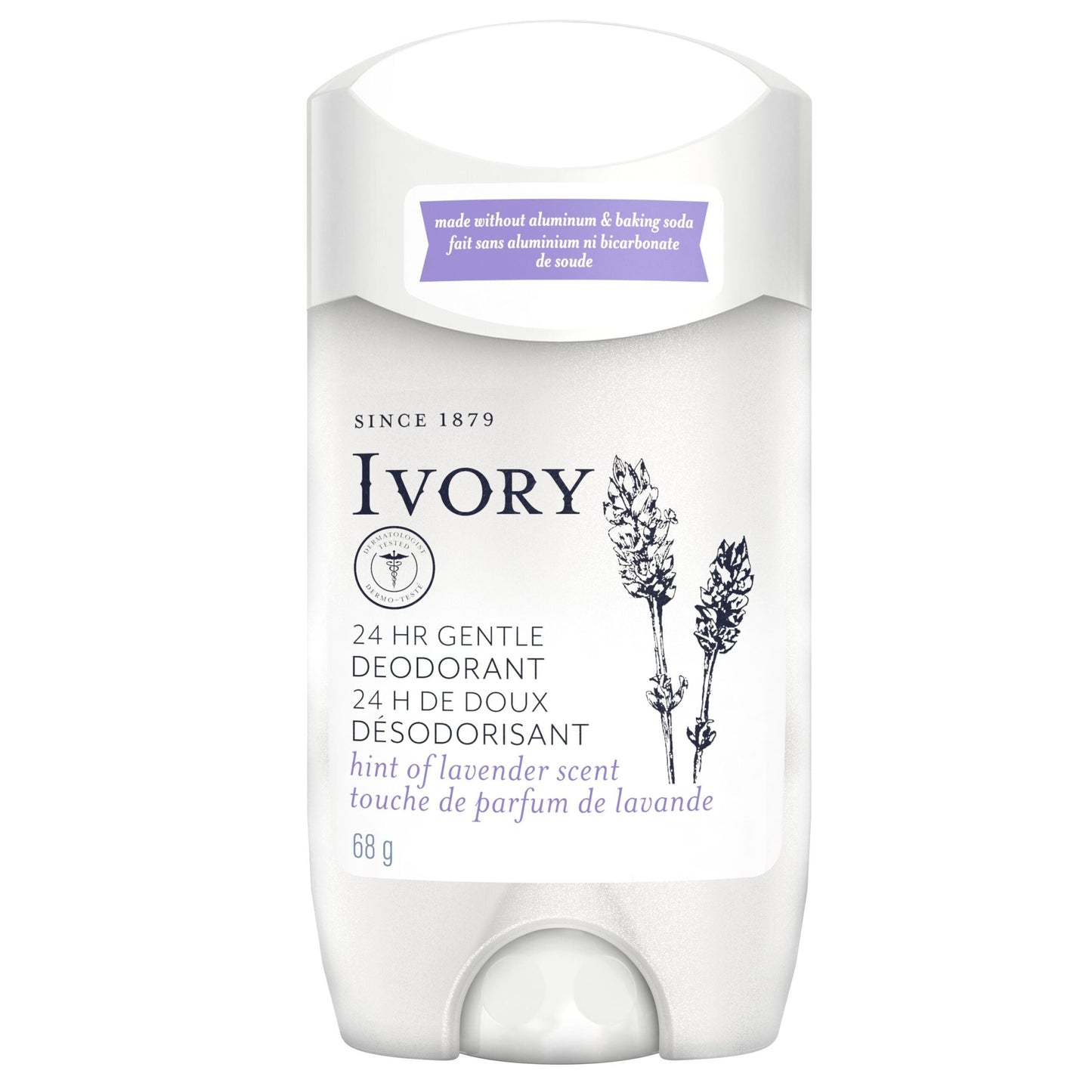Ivory aluminum-free deodorant stick with hint of lavender, 24-hour odor protection, 2.4 oz, from Pasteur Pharmacy.