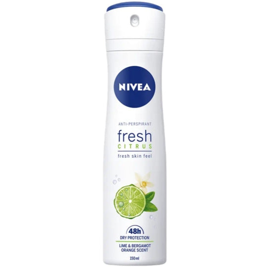 Nivea Fresh Citrus antiperspirant deodorant spray for women in a 150ml bottle, featuring citrus scent and easy spray nozzle.