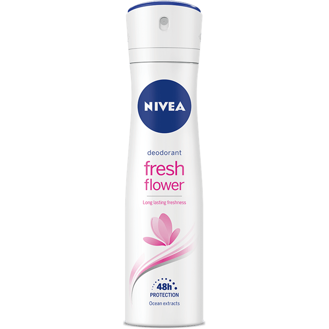 Nivea Fresh Flower women’s deodorant in 150 ml spray bottle, featuring floral scent and refreshes skin protection.