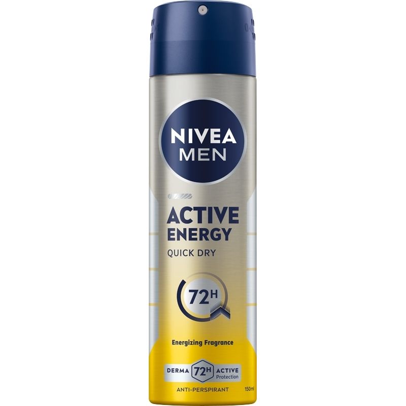 Nivea Men Active Energy 72h anti-transpirant deodorant in 150ml spray bottle, designed for fresh, long-lasting odor protection.