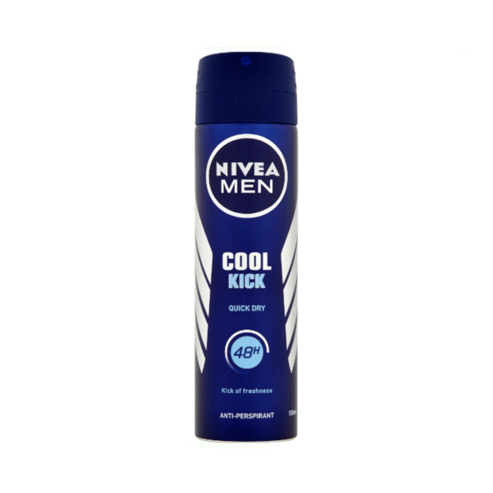 Nivea Men Cool Kick antiperspirant spray in a 150ml bottle, providing fresh and cooling deodorant protection.