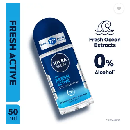 Nivea Men Fresh Active 48H antibacterial roll-on deodorant in 50ml bottle, showing the product label and applicator.
