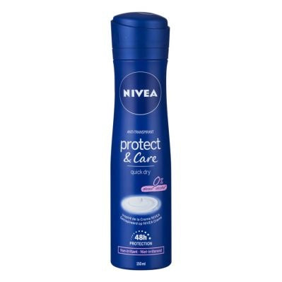 Nivea Protect & Care deodorant spray in a clear aerosol can, designed for underarm freshness and odor protection.