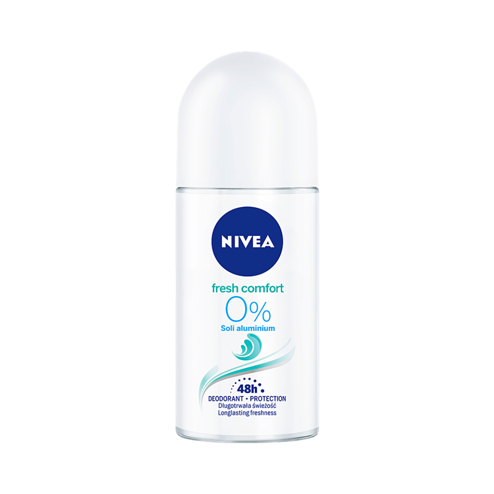 Nivea Women Fresh Comfort Roll On Deodorant 50ml bottle, white container with blue cap, on a neutral background.