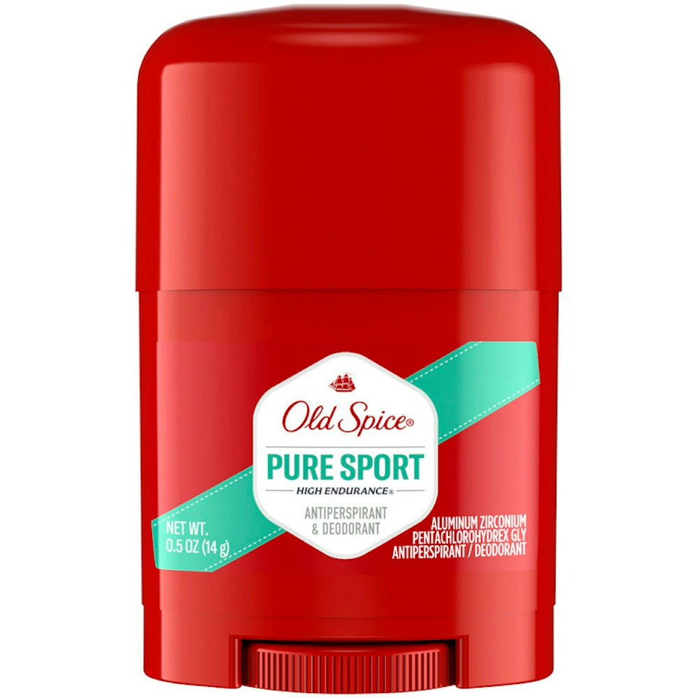 Old Spice High Endurance Pure Sport antiperspirant deodorant in travel size, 6 x 0.5 oz bottles, displayed in a pack.