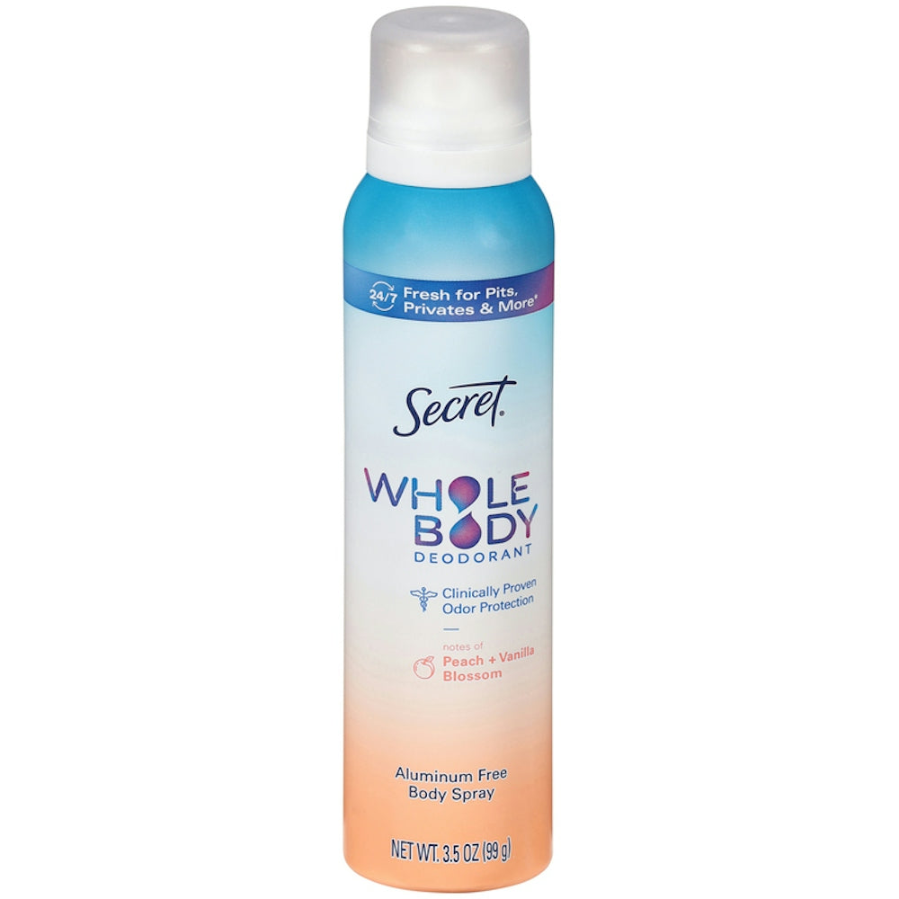 Secret Whole Body Aluminum Free Deodorant Spray by Pasteur Pharmacy with peach and vanilla blossom scent, 3.5 oz.