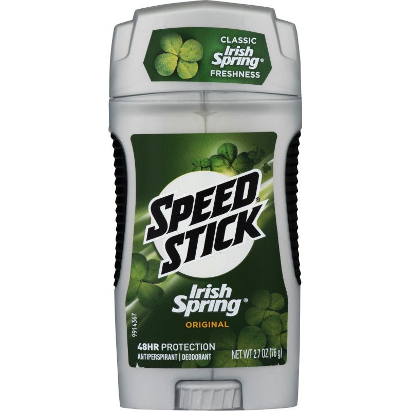 Speed Stick Irish Spring Antiperspirant Deodorant by Pasteur Pharmacy, featuring the classic scent and white stick packaging.