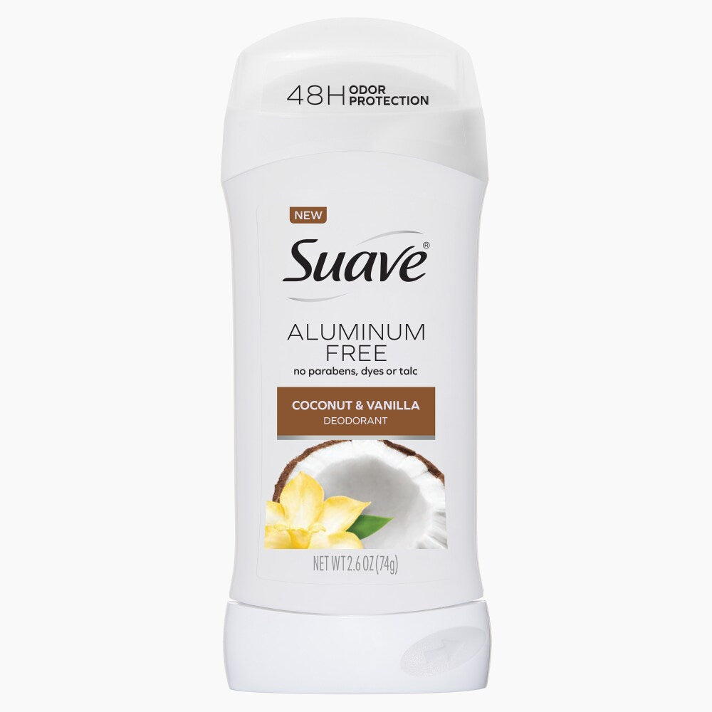 Suave Coconut & Vanilla aluminum-free deodorant stick from Pasteur Pharmacy, 2.6 oz with fresh coconut and vanilla scent.