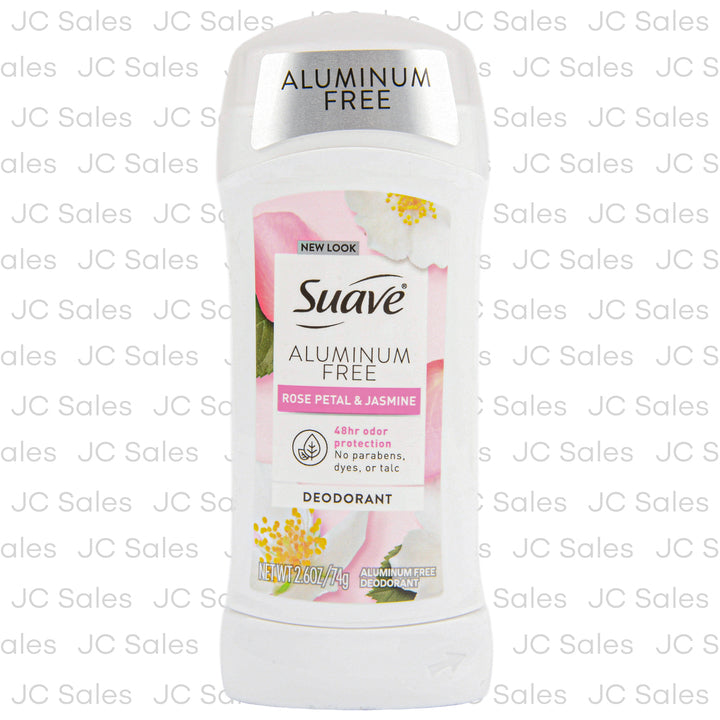 Suave deodorant with rose petal and jasmine scent, aluminum-free, 2.6 oz, in a white container with floral design.