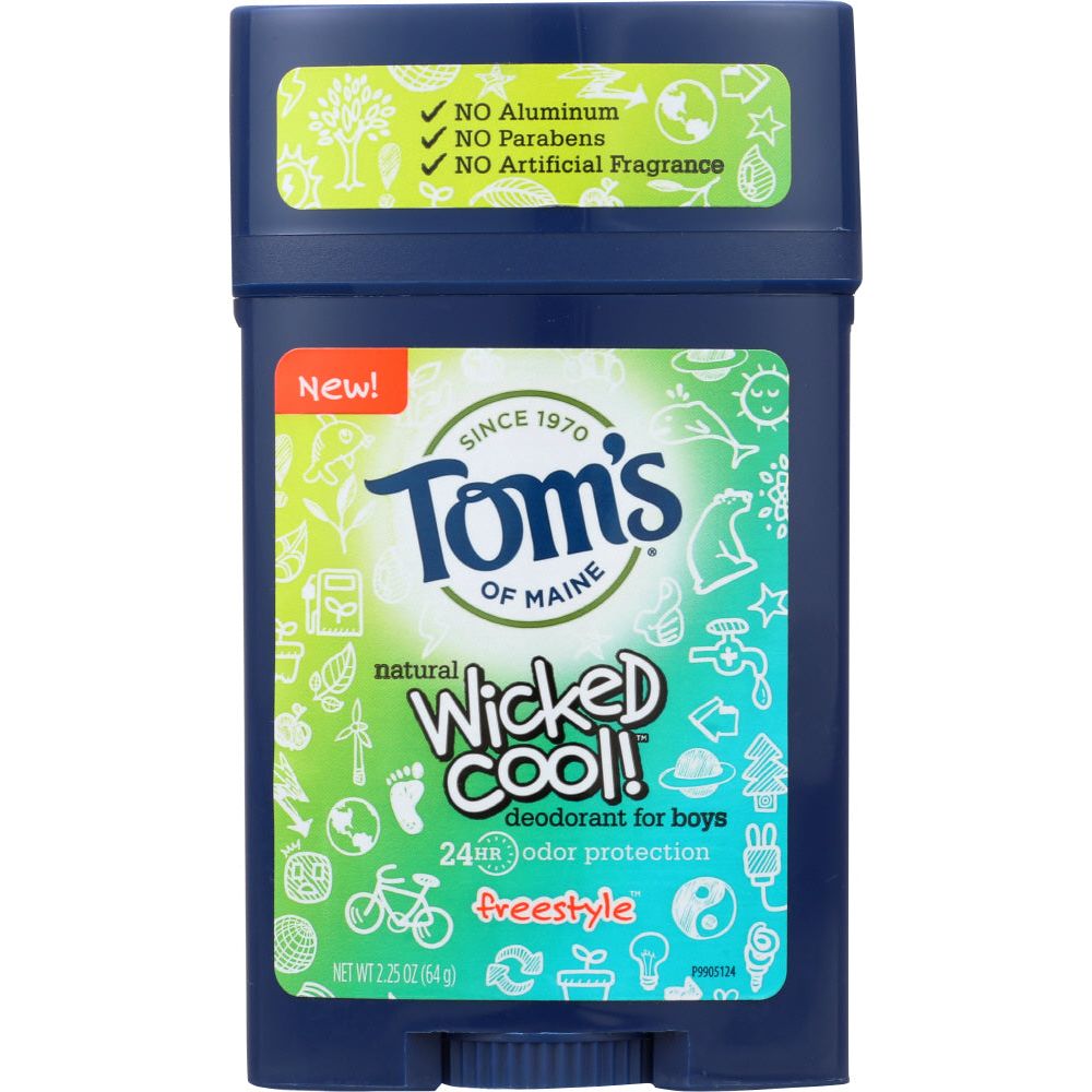 Tom's of Maine Wicked Cool! natural deodorant stick for boys, 2.25oz, with the deodorant stick visible in the image