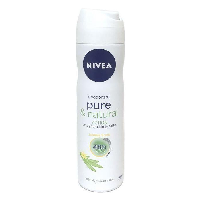 Nivea Women Pure & Natural Action Jasmine Deodorant Spray 150ml displayed with floral jasmine scent and spray nozzle visible.