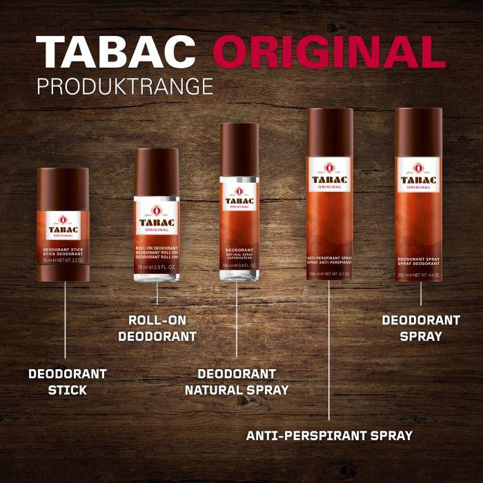 Pasteur Pharmacy Tabac Original deodorant spray for men, 200ml bottle, with a sleek design and spray nozzle visible.