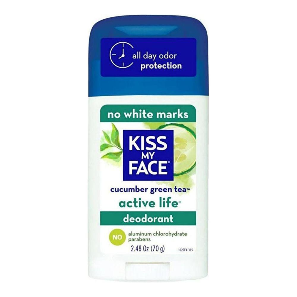 Deodorant stick by Kiss My Face Active Life with cucumber green tea scent, 2.48 oz, in a clear plastic container.