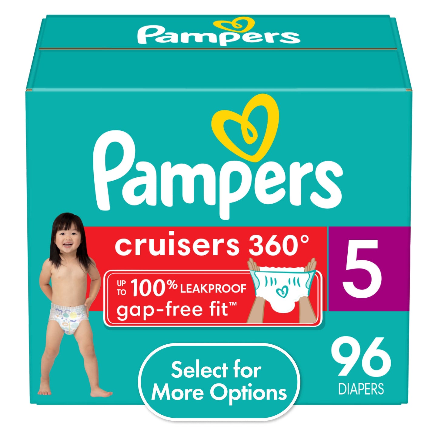 Pampers Cruisers Diapers 360 S5 Huge size, soft and absorbent baby diapers with stretchy fit, designed for comfort and leak protection.