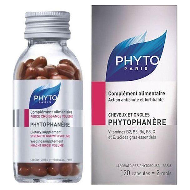 Phyto Phytophanere dietary supplement for hair and nails in a 120-count bottle, featuring capsules and supplement packaging.