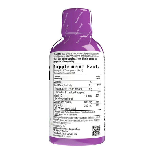 Bluebonnet Kosher Calcium Magnesium Citrate with Vitamin D3 liquid supplement in 16 oz strawberry flavor bottle.