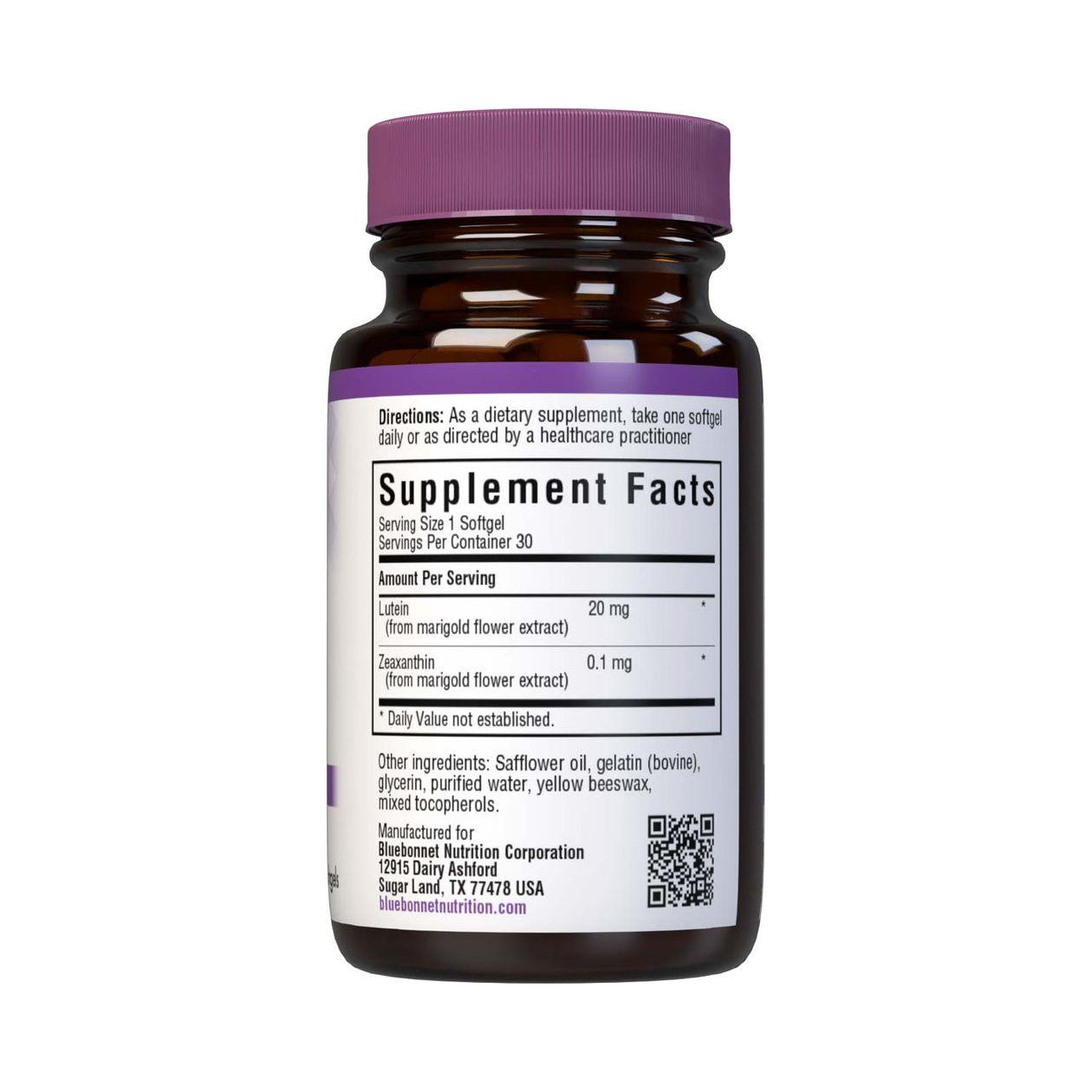 BlueBonnet Lutein Softgels in a bottle, 20 mg, dietary supplement by Pasteur Pharmacy, 30 softgel capsules for eye health.