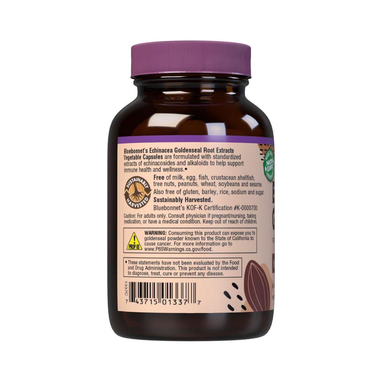 Bluebonnet Standardized Echinacea Goldenseal Root Extract dietary supplement capsules in a bottle, showing the capsules inside.