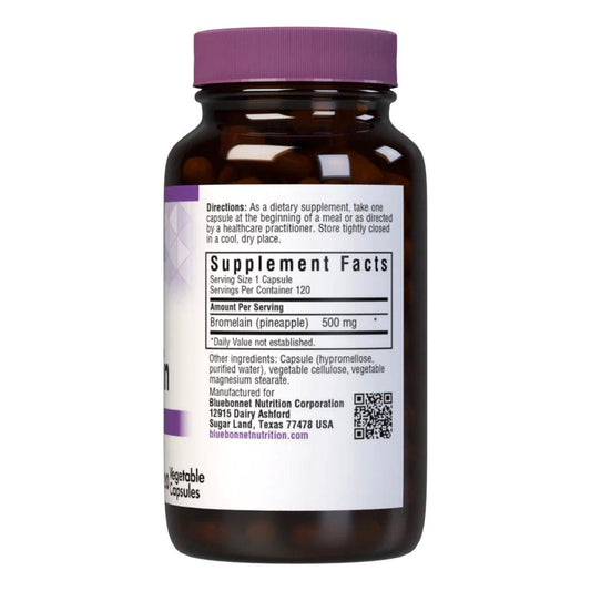Bluebonnet Super Bromalain 500mg dietary supplement capsules in a clear bottle, showing 120 vegetable capsules on the label.
