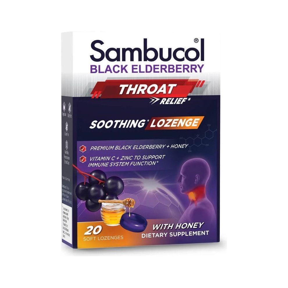 Black Elderberry Pastilles with Honey from Nature's Way Sambucol dietary supplement box, 20 count, featuring black elderberries and honey flavor
