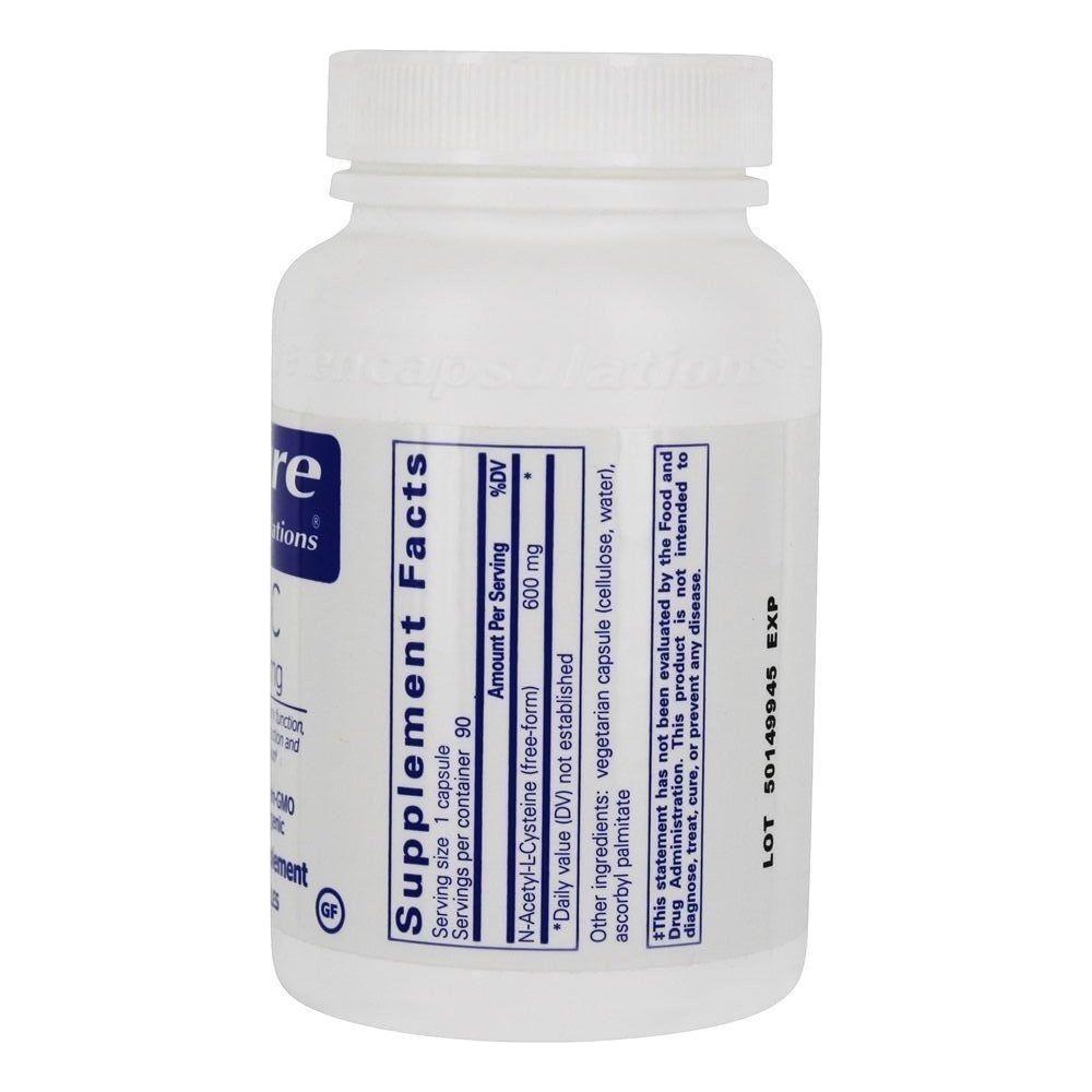 Pure Encapsulations NAC 600mg dietary supplement capsules shown in a bottle, designed to support antioxidant health.