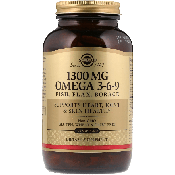 Solgar Omega 3-6-9 dietary supplement softgels in a bottle, 1300 mg, with 120 softgel capsules for healthy support