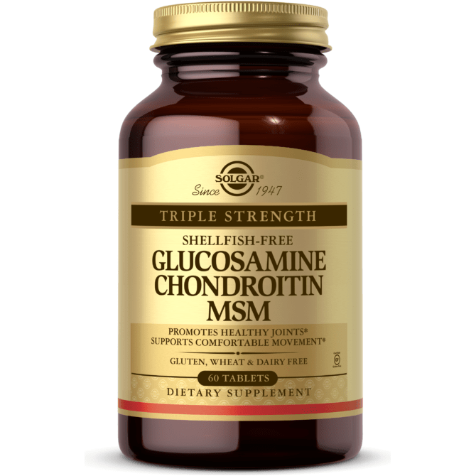 Solgar Extra Strength Glucosamine Chondroitin MSM dietary supplement bottles, shellfish-free, 60 tablets, for joint support and cartilage health.