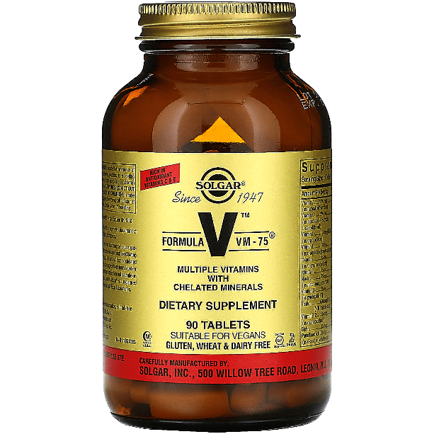 Dietary supplement Solgar Formula VM-75 90 tablets, multivitamins with essential nutrients, displayed in blister packaging.