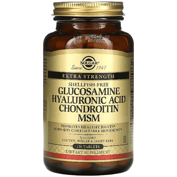 Bottle of Solgar Glucosamine Hyaluronic Acid Chondroitin MSM dietary supplement tablets by Pasteur Pharmacy on a plain background.