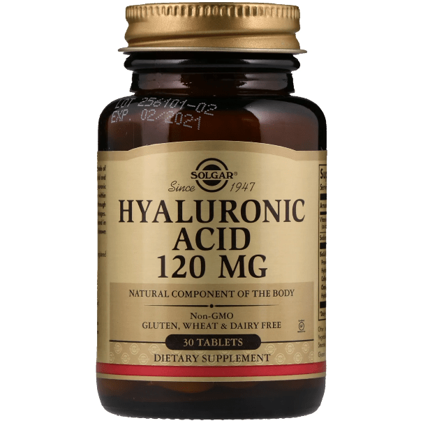 Solgar Hyaluronic Acid Tablets 120 mg dietary supplement bottle with 30 tablets, designed to support skin hydration and joint health.