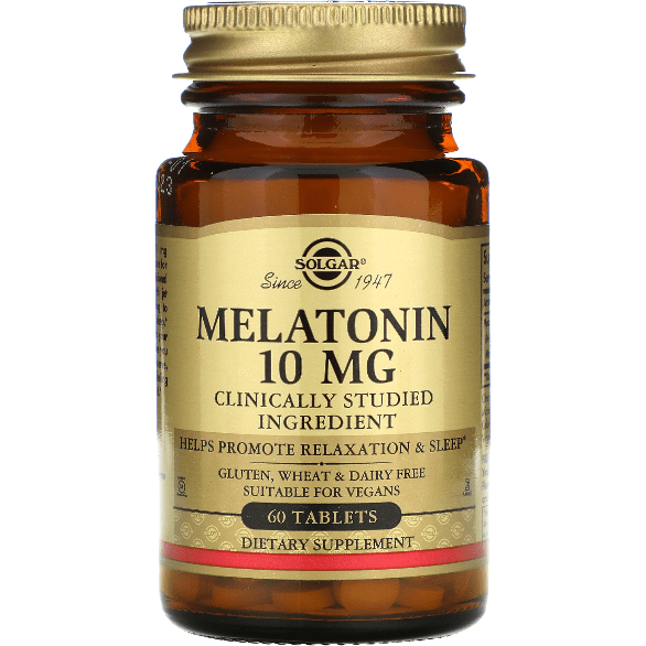 Solgar Melatonin 10mg dietary supplement in a bottle of 60 tablets, used to support sleep and relaxation.