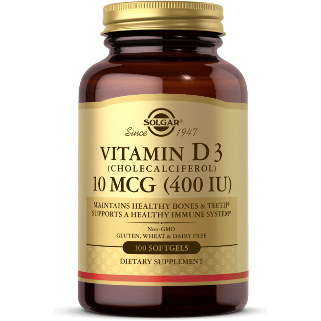 Solgar Vitamin D3 (Cholecalciferol) 400 IU dietary supplement in 100 softgels, natural softgel capsules on a white background.