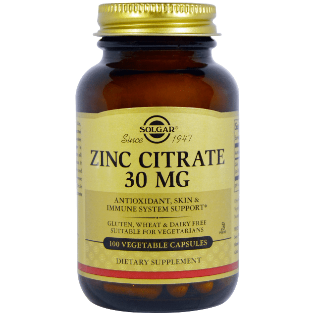 Solgar Zinc Citrate 30mg dietary supplement in 100 vegetable capsules, shown in a bottle with a white label.